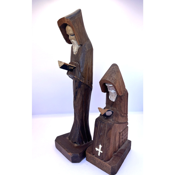 Vintage Wood Hand Carved, Hand Painted Reading / Praying Monk Figurine Set - Picture 1 of 7